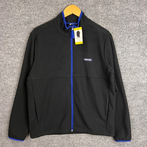 NEW Lands' End Mens Fleece Jacket Full Zip Black Grid Texture Size M Medium - Picture 1 of 9